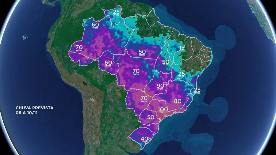 Mapa para acumulado de chuva entre os dias 06 e 10 de novembro